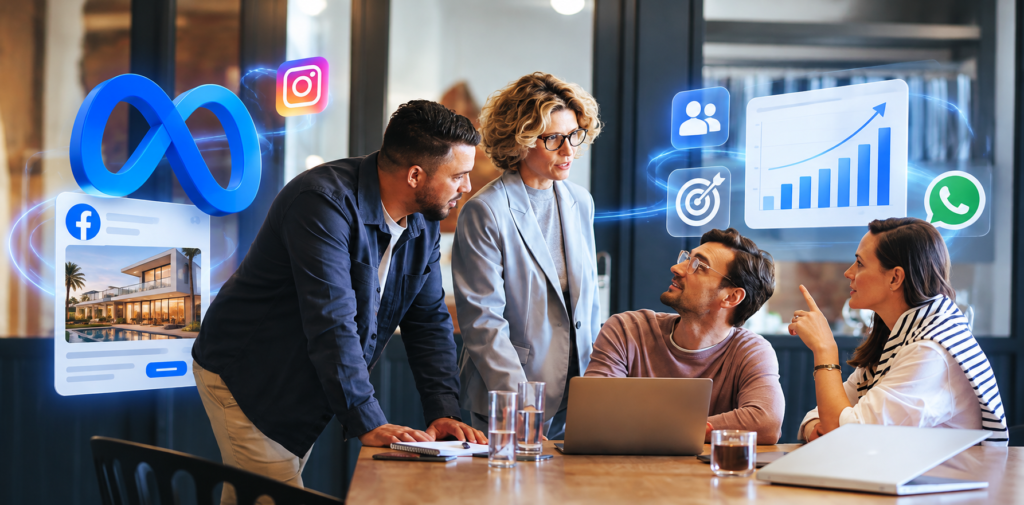 Marketing team planning Meta Ads lead generation campaigns in Dubai, using Facebook and Instagram advertising to generate leads and improve business growth.