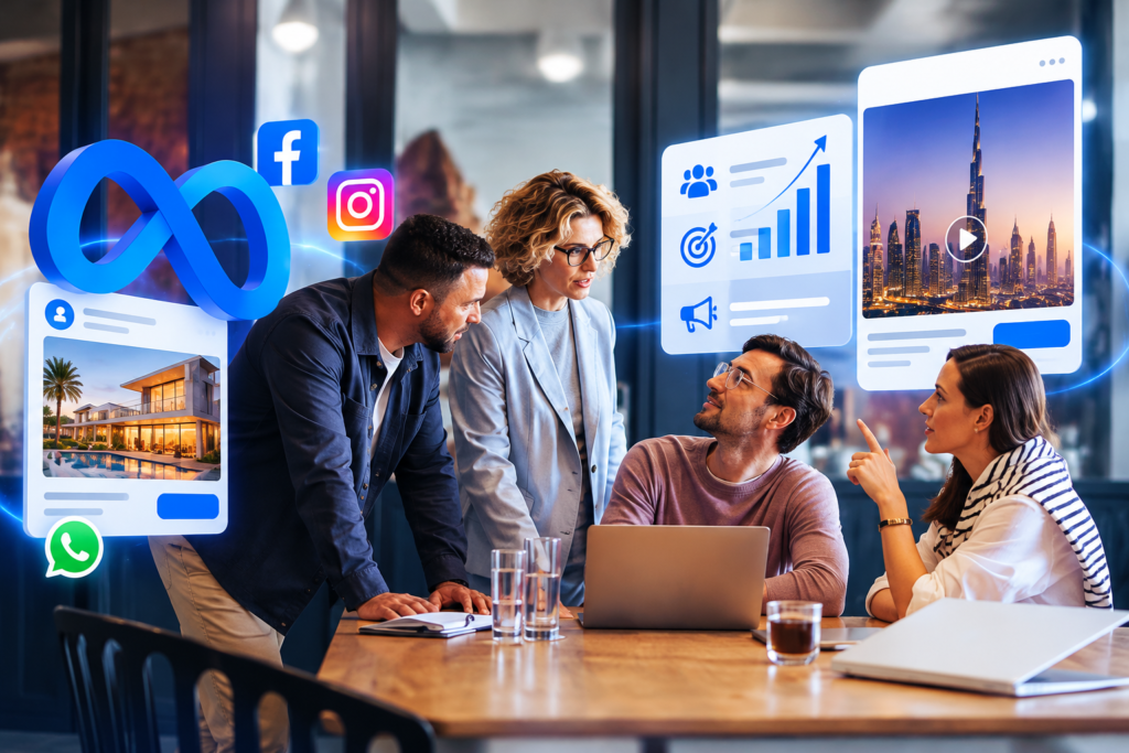 Marketing team planning Meta Ads lead generation campaigns in Dubai, using Facebook and Instagram advertising to generate leads and improve business growth.